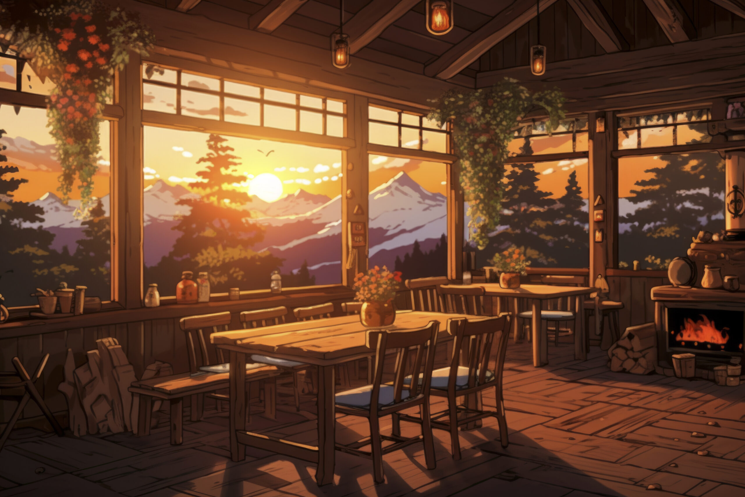 Craft an anime interior of a rustic Nordic cabin interior at sunset. Utilize warm, earthy tones and wooden textures to evoke a feeling of coziness. Capture the soft glow of the setting sun streaming through the cabin windows. Include cultural elements like Nordic patterns and symbols to enhance the ambiance of warmth and simplicity. Text: anime animation, illustration, studio ghibli --ar 3:2 --v 5.2 Job ID: 5898a47f-a0cd-4e92-b23f-d60c36159d73